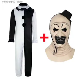 Tema Traje Terrifier Art O Palhaço Vem Máscara Terno Cosplay Horror Evil Joker Chapéu Máscaras de Látex Macacão Halloween Carnaval Festa Adereços Q231010