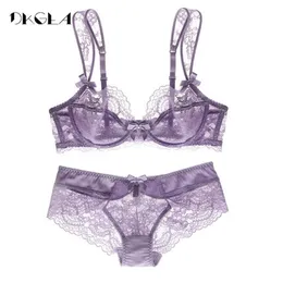 Hollow Out Bra Underwear Set Transparent Lace Ultrathin Sexy Lingerie Set Women embroidery Plus Size Purple Bra And Panty Sets Y20274T