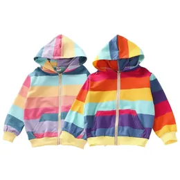 Cappotto Autunno Ragazze Felpa con cappuccio Giacca Bambini Cotone Manica lunga Arcobaleno Striscia Stampata Maglione Camicia Maglietta Bambini Top Cerniera Felpa 231009