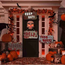 Andra evenemangspartiförsörjningar Halloween Simulering av trädörrskylt Haunted House skrämmande atmosfärdekoration med blodfingeravtryck hängande tag Party Q231010