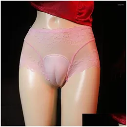 Unterhosen Unterhosen Männer Höschen Spitze Beutel Unterwäsche Sissy See-Through Y Dessous Männliche elastische atmungsaktive G-String Tanga Bekleidung und Dhg2P