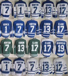 Retro Hockey Vintage 1 Johnny Bower Jersey CCM Classic 13 Mats Sundin 7 Tim Horton 7 Lanny McDonald 19 Bruce Boudreau går i pension 75 -årsjubileum Blue White Stitching