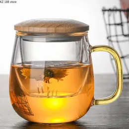 Mugs Creative Glass Tea Infuser Cup With Transparent Filter Handle Bamboo Lid Heat resistant Flower Teacup Office Mug Drinkware 231010