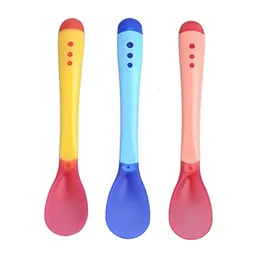 Cups Dishes Utensils 3pcs/set Small Toddlers Utensils Plastic Baby Spoons Infant Feeding Tool Heat Sensitive Kids Tableware 231006