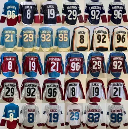 아이스 하키 리버스 레트로 8 Cale Makar Jersey Man 96 Mikko Rantanen 19 Joe Sakic 21 Peter Forsberg 29 Nathan Mackinnon 92 Gabriel Landeskog Stadium Series Blue White