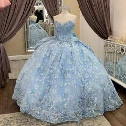 Sparkly Princess Sky Blue Off Shoulder Quinceanera Dresses Sweetheart Lace Applique Bow Sweet 16 Ball Gown Vestidos De 15 Anos