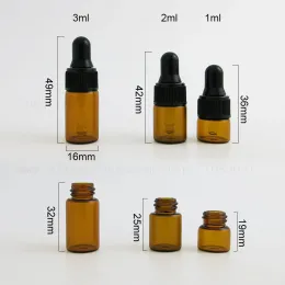 トップ500pcs特別なアンバーガラスドロッパーボトル1/ 2/3 ml、黒いキャップエッセンシャルオイル香水サンプル補充可能なボトル
