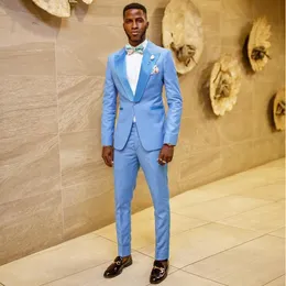 Esmoquin de boda azul cielo claro, trajes ajustados para hombre, conjuntos de 2 piezas, Blazers con solapa en pico, traje formal con un botón con chaqueta y pantalones