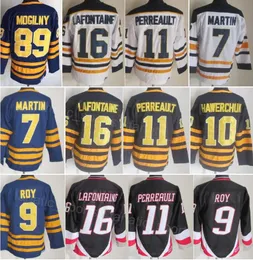 Retro Hockey Vintage 89 Mogilny Jersey CCM 16 Pat LaFontaine 7 Rick Martin 9 Derek Roy 10 Hawerchuk 11 Gilbert Perreault Classic Retire Sewn On Navy Blue White Black