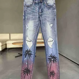 Дизайнерская одежда Джинсы amirlieses Джинсовые брюки Amies 23 Новые 6597 Синие перфорированные джинсы с принтом кокосовой пальмы Градиентные брюки узкого кроя на небольшую ногу fo