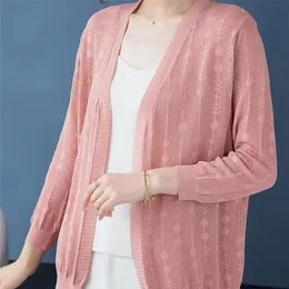 Kvinnors stickor Tees S-4XL Muticolor Knit Cardigan Vacation Long Sleeve Tops Summer Sunscreen Shirt Women Shawl Korean Elegant Solid Knitwear 231005