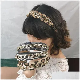 Acessórios de cabelo moda liga cadeia leopardo hairband mulheres headband vintage trançado lado largo atado cabelo hoop banda meninas accessorie dhpej