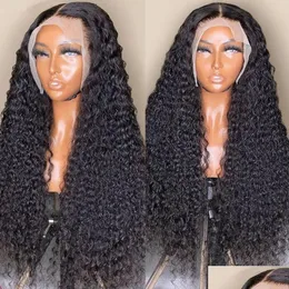 Syntetiska peruker 13x4 Löst djupvågbrasilianskt mänskligt hår 32 34 tum transparent Curly spetsfront peruk för svarta kvinnor Drop Leverans PR DHQKC