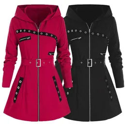 Giacca da donna lunga con cappuccio cappotto autunno inverno manica punk gotico stampa giacca calda femminile streetwear cerniera felpa Jakets 231009