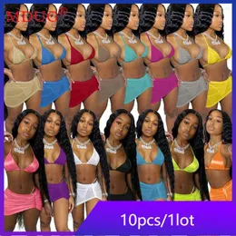 Kvinnors badkläder 10Set Fashion Bikini 3 Pieces Set Women Summer 2023 Sexig Halter Beach Outfits Solid Swimsuit Y2K Bulk Partihandel M0508