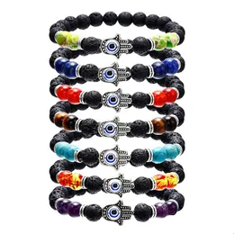 Pärlstav hamsa hand av fatim charm lava rock pärlor armband för kvinnor män ond blå öga eterisk olja diffusor 7 chakra sten diy juvel dhd13