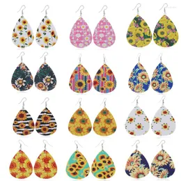 Dangle Earrings Bright Sunflower Leaves Print PU Faux Leather Teardrop Drop For Women Light Weight Boho Jewelry