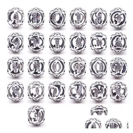 Silver Authentic 925 Sterling Sier 26 Letters Beads Crystal Big Hole Loose Alphabet Charms för armband smycken som gör hantverksmycken DH8JZ