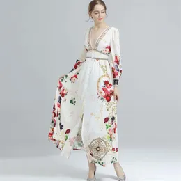 Women's Runway Dresses Sexy Low V Neck Long Sleeves Split Front Floral Printed High Street Fashion Long Designer Dresses1958