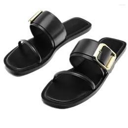 Slippare ELMSK French Retro Fashion Office Ladies Commuter Causal Summer Metal Buckle Leather Flat Sandals Women