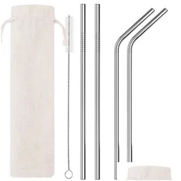 Drinking Straws Set Of 6 Stainless Steel Drinking St With Cleaning Brush And Pouch 2Pcs Straight Bent 1Pcs Drink Home Garden Kitchen, Dhdx1