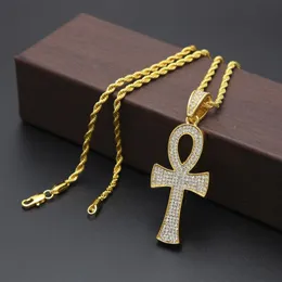 Ciondolo croce egiziana con cristalli CZ completi, collana in argento placcato oro, gioielli con catena Cuba da 3 mm e 24 pollici lbd256a