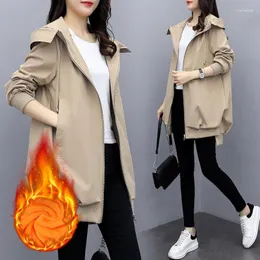 Women's Trench Coats Large Size Loose Autumn Jacket Fashion Solid Zipper Female Hooded Student Add Velvet Windbreaker Coat 22