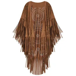 Scialli Cammello Pelle scamosciata Floreale Scava fuori Frange Scialle con nappe Donna Mantelle vintage Poncho Autunno Cardigan boemo Mantello Boho 230201212z