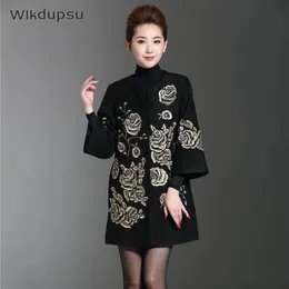 Kadın Yün Karışımları Sonbahar Kış Sıcak Yün Palto Vintage Tasarımcı Yün Katlı Kadınlar Lüks Yüksek Kaliteli Büyük Boy Nakış Çiçek Ceket 231010