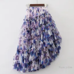 Saias irregular tule saia feminina primavera outono e verão moda roxo camuflagem impressão bolo personalidade plissado