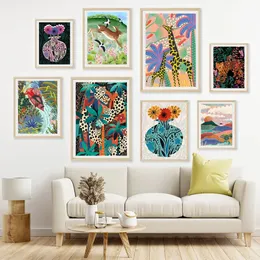 絵画要約ヒョウティガーガイラフフクロウウサギの花瓶葉ジャングル壁アートプリントリビングルームの装飾のためのキャンバスポスター写真231009