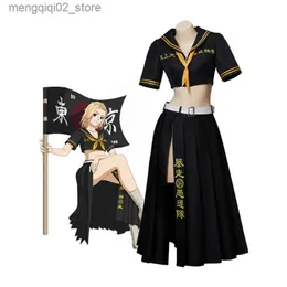 Tema kostym anime Tokyo Revengers Mikey Manjiro Sano Cosplay Come Black Sexiga toppkjolar Uniform Longuette Women Halloween Party Clothes Q231010
