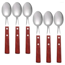 Servis uppsättningar 6 st trähandtag Western Spoon Sauce Stainless Coffee Cocktail Mixing Steel Bean Scoop Kitchen Travel Metal Spoons