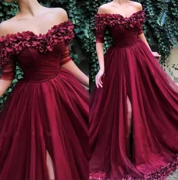 Burgundy Off Tulle 라인 Long Evening Dresses 2019 Short Sleeves Ruched Split 3d Floral Porple Party Prom Wear Dress5036109