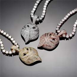 Colar de coruja animal banhado a ouro 18K pingente gelado de zircônia completa diamante com corrente de corda joias masculinas 287G