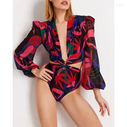 Kobiety stroje kąpielowe Seksowne stroje kąpielowe z długim rękawem One Piece Surfing Women 2023 Drukuj Body Bodysuit Elegancki dama plaż