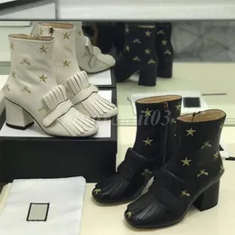 Designer Ankle Boots Women Marmont Boots Mental Buckle Chunky High Heels Winter Printing Platform Boot Black Leather Booties