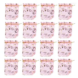 Jewelry Pouches 100 PCS 9X12cm Heart Printed Pink Organza Bags Pouch Drawstring Wedding Favors Candy Gift