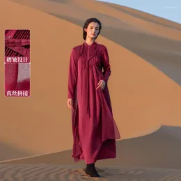 Casual Dresses A Life On the Left Women Dress Long Sleeve Stand Collar A-formade veckade linjer Design Silk Splicing Elegant Wine Red Kirt