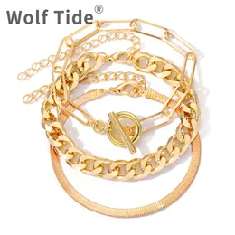 Wolf Tide New Style Multi Layered Armband Set for Women Gold Plated Snake Chain Layer Cuban Link Armelets Hip Hip Punk Love Star Charms Pendantjewelery Bijoux Gifts