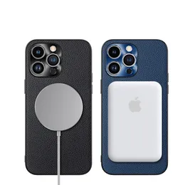 Luxury Magnetic äkta läder Vogue -telefonfodral för iPhone 15 Plus 14 13 12 Pro Max Full Protective Lychee Mönster Cowhide Back Cover som stöder trådlös laddning