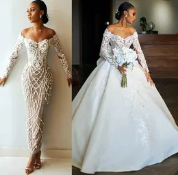 2023 ottobre arabo Aso Ebi plus size guaina avorio lussuoso abito da sposa perle pizzo treno staccabile abiti da sposa abiti ZJ734