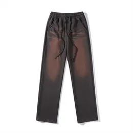 High Street Fashion marka imitacja dżinsowa pranie wzór drogi prosty rękaw Casual Guard Pantsw4py