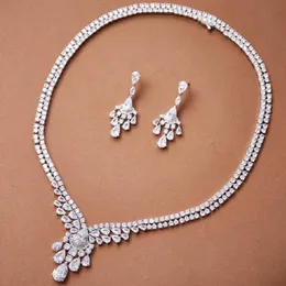 Coleção de designers moda estilo colar brincos mulheres senhora inlay piriforme branco zircão cúbico em forma de pêra diamante borlas pingente conjuntos de jóias