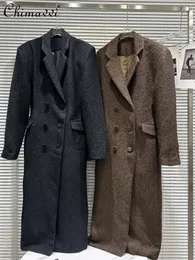 Misturas de lã feminina casaco longo outono moda trespassado angustiado escovado tecido de lã trench coat fino ajuste elegante casacos roupas 231010