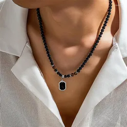 Pendant Necklaces Stainless Steel Chain Tiger Eye Black Crystal Necklace Men Personality Natural Stone Strand Beaded Jewelry