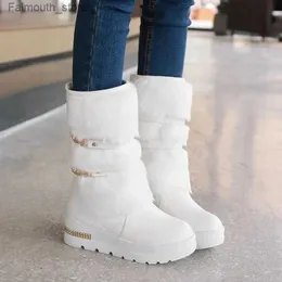 Boots Winter Women's Flat-bottomed Inner Heightened Middle Tube Wool Boots Large Lady Belt Buckle Cotton Shoes Plus Velvet Snow Boots Q231010
