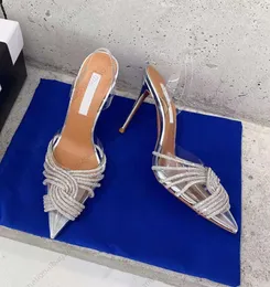 Yeni Aquazzura 2023 gelinlik ayakkabıları 7cm 10cm begum bowknot kelebek pvc pompalar yüksek topuklu elmas parlaklık sandaletler rhinestone şeffaf123