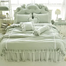 Bedding Sets Green Lace Bordado Conjunto de Bordado Coreano Princesa Ruffle Cotton Toupet Capa de Cama Pounhas de Cama Pounhores de Luxuja