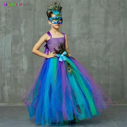 Blume Prinzessin Pfau Kostüm für Mädchen Hochzeit Geburtstag Party Tutu Kleid Kinder Festzug Ballkleid Federn Mädchen Tüll Kleider 210218H
